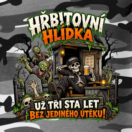 Hřbitovní hlídka kostlivec vrátný s pivem