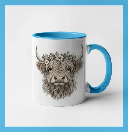 Highlandská kráva s květinami