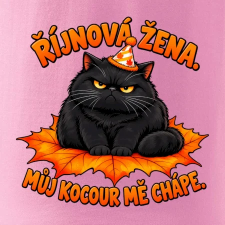 Říjnová žena mrzutý černý kocour na javorovém listu