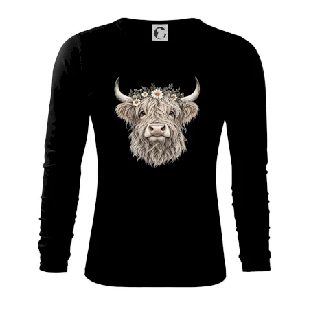 Highlandská kráva s květinami