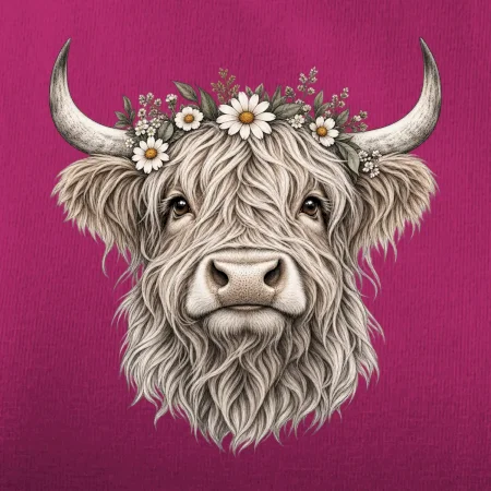 Highlandská kráva s květinami
