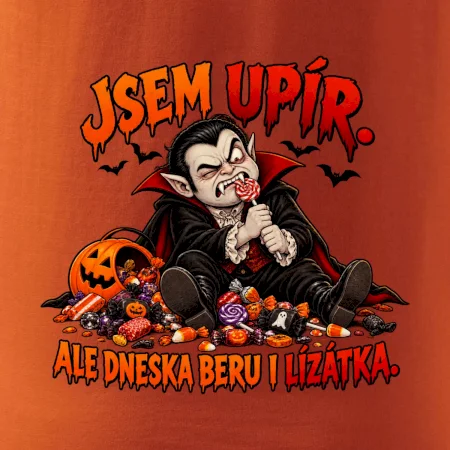 Unavený upír s hromadou sladkostí a lízátkem
