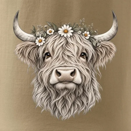 Highlandská kráva s květinami