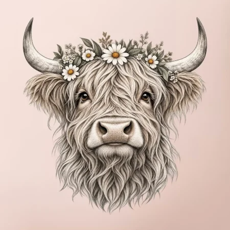 Highlandská kráva s květinami