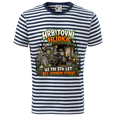 Hřbitovní hlídka kostlivec vrátný s pivem