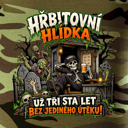 Hřbitovní hlídka kostlivec vrátný s pivem