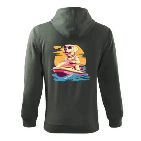 Zlatý retrívr na vodním skútru