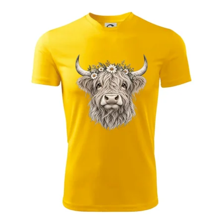 Highlandská kráva s květinami