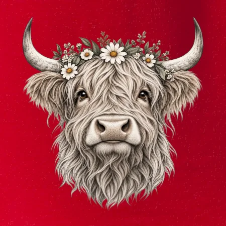 Highlandská kráva s květinami