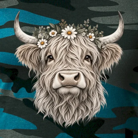 Highlandská kráva s květinami