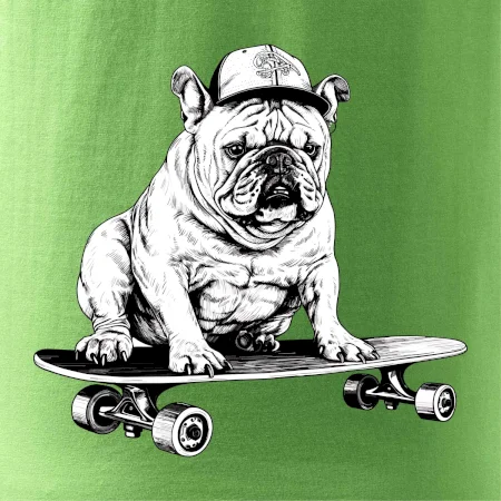 Černobílý buldok na skateboardu