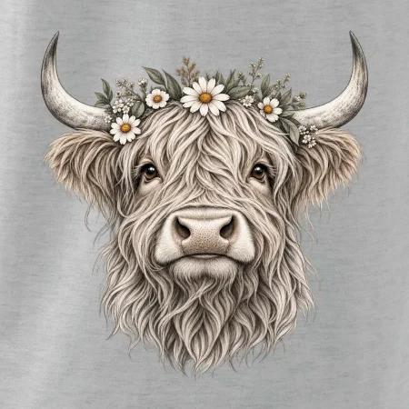 Highlandská kráva s květinami