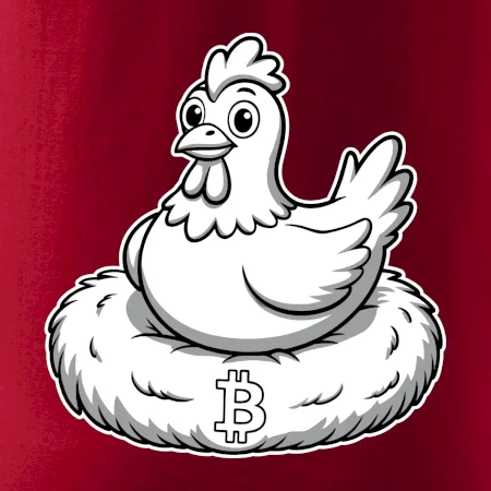 Kuře sedící na bitcoinovém hnízdě