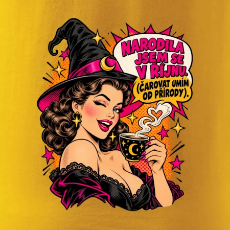 Říjnová čarodějka s kávou v retro pop artu