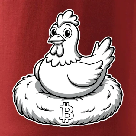Kuře sedící na bitcoinovém hnízdě