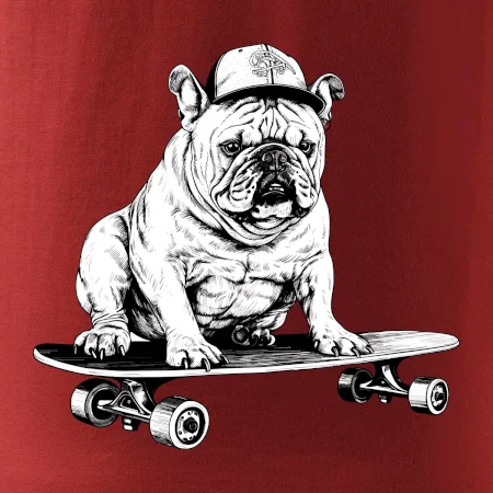 Černobílý buldok na skateboardu