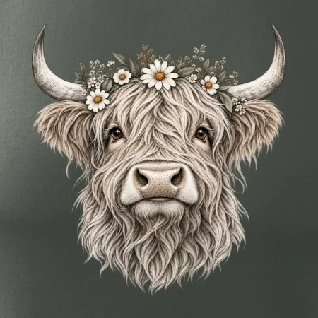 Highlandská kráva s květinami