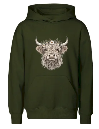 Highlandská kráva s květinami