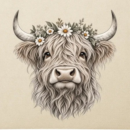 Highlandská kráva s květinami