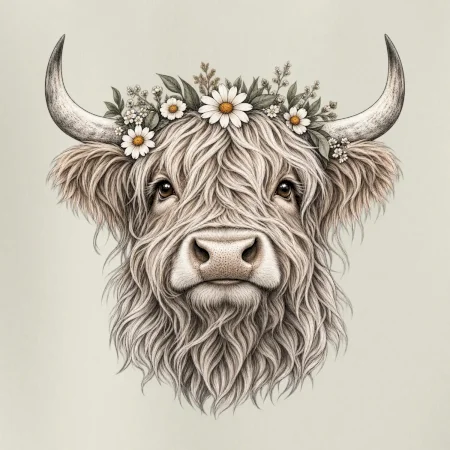Highlandská kráva s květinami