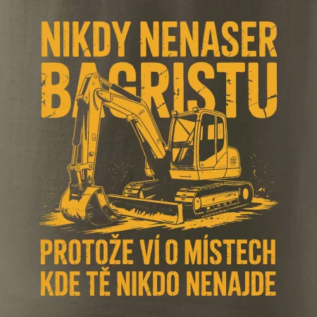 Oranžový bagr Nikdy Nenaser bagristu