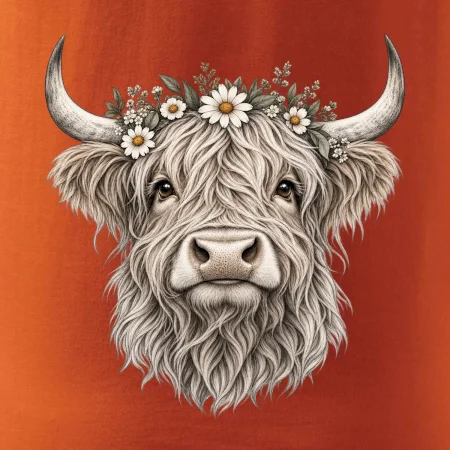 Highlandská kráva s květinami