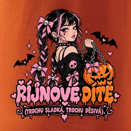 Říjnové dítě gotická dívka s dýňovou kabelkou