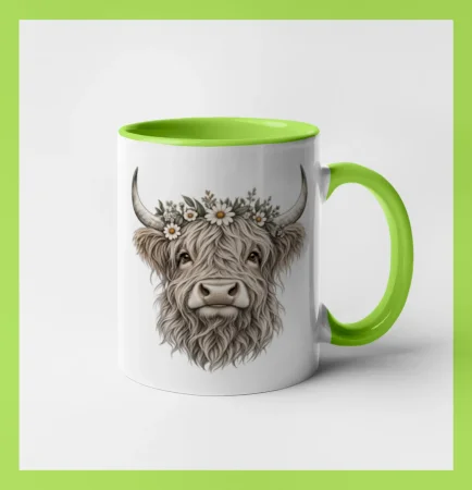 Highlandská kráva s květinami