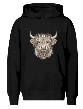Highlandská kráva s květinami