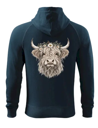 Highlandská kráva s květinami