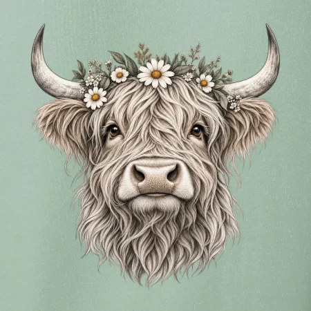 Highlandská kráva s květinami