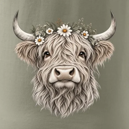 Highlandská kráva s květinami