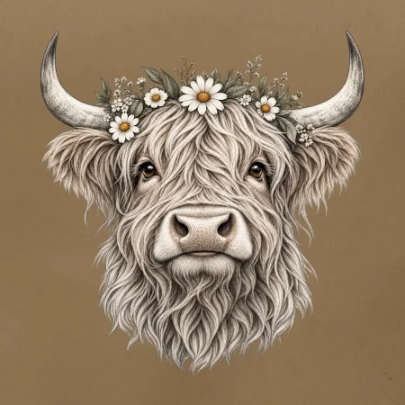 Highlandská kráva s květinami