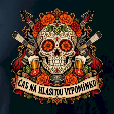 Mexická rocková lebka s kytarami a pivem