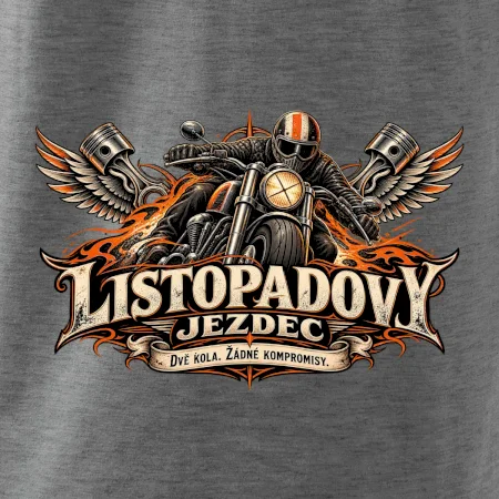 Listopadový motorkář se strojem a ohnivými křídly