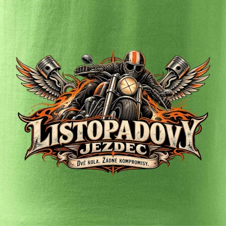Listopadový motorkář se strojem a ohnivými křídly
