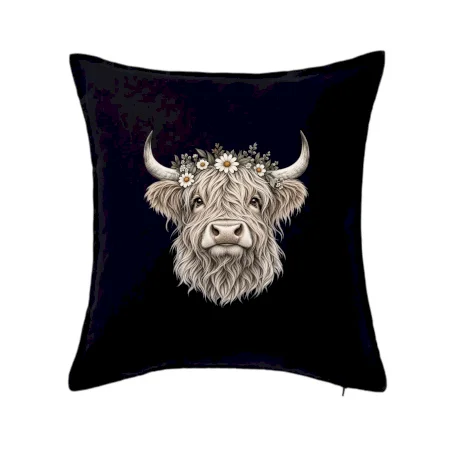Highlandská kráva s květinami