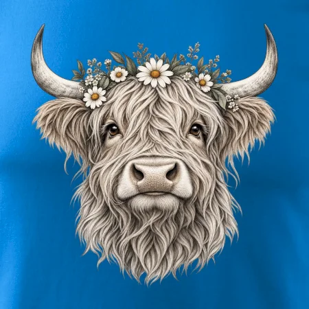 Highlandská kráva s květinami