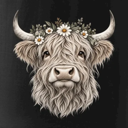 Highlandská kráva s květinami