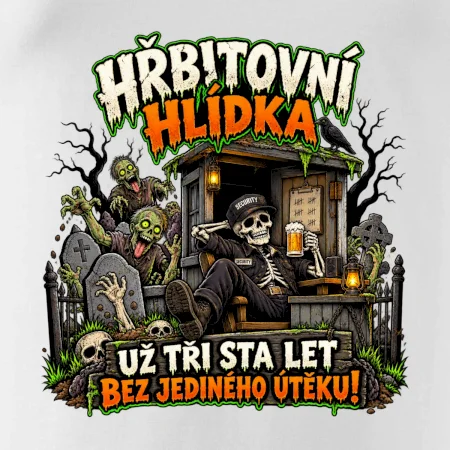 Hřbitovní hlídka kostlivec vrátný s pivem