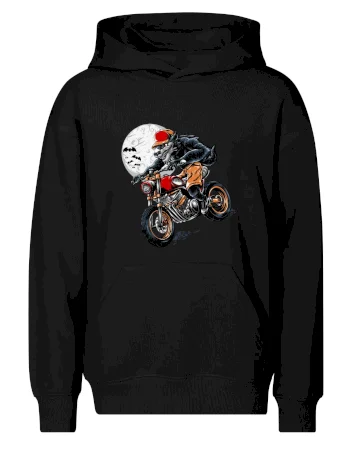 Kreslený vlk na motorce