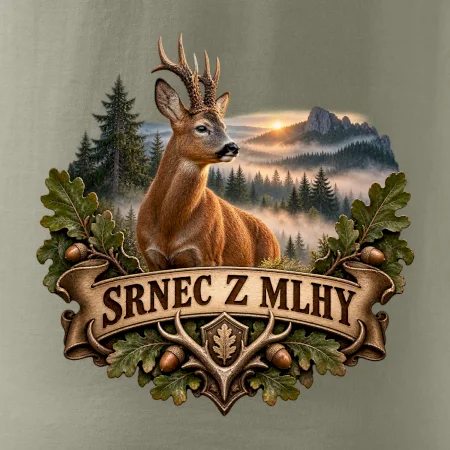 Srnec z mlhy při východu slunce