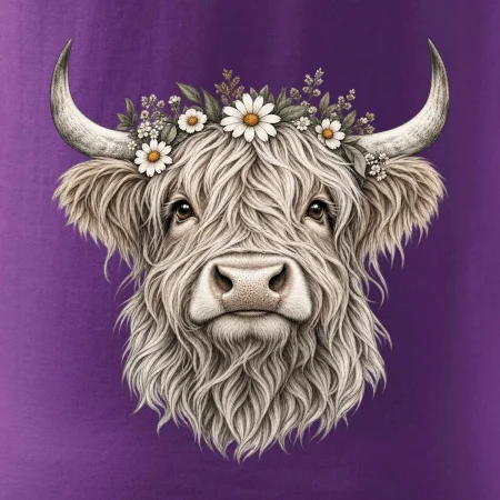 Highlandská kráva s květinami