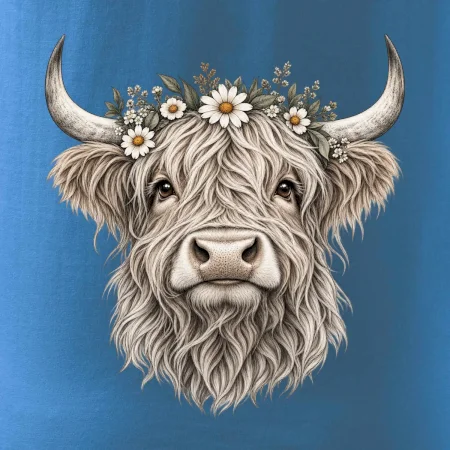 Highlandská kráva s květinami