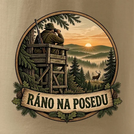 Ráno na posedu myslivec při východu slunce