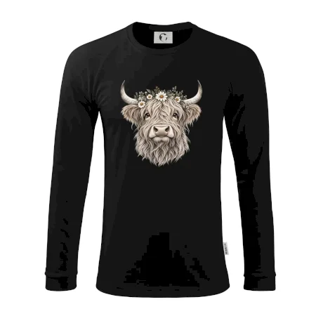 Highlandská kráva s květinami