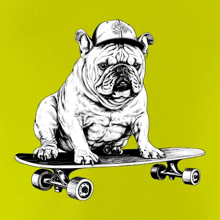 Černobílý buldok na skateboardu
