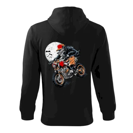 Kreslený vlk na motorce