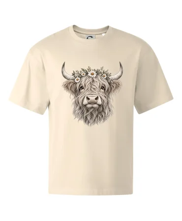 Highlandská kráva s květinami
