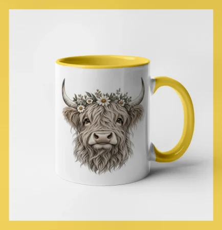 Highlandská kráva s květinami